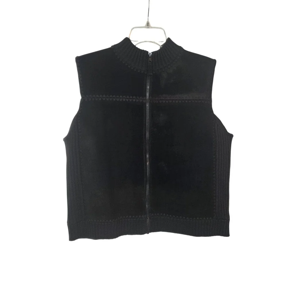 St Johns Bay Black Suede Leather Knit‎ Mock Neck Zip Vest Petite XL